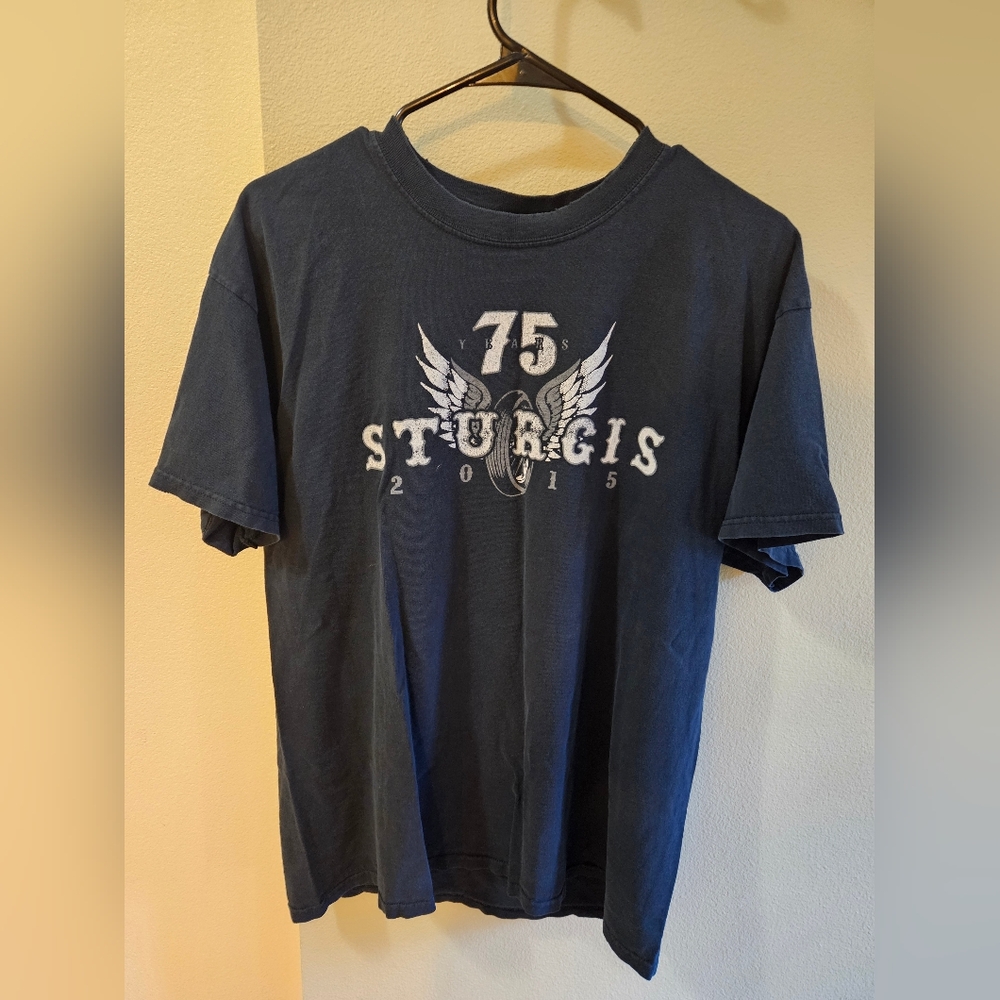 Men's size Large Sturgis tee 2015. Has so wear and a hole (see last photo.)